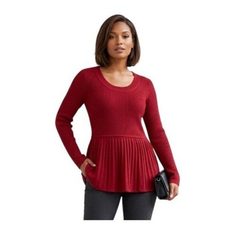 Tres Jolie Peplum Sweater Deep‎ Red Ribbed Knit Long Sleeve Scoop Neck S